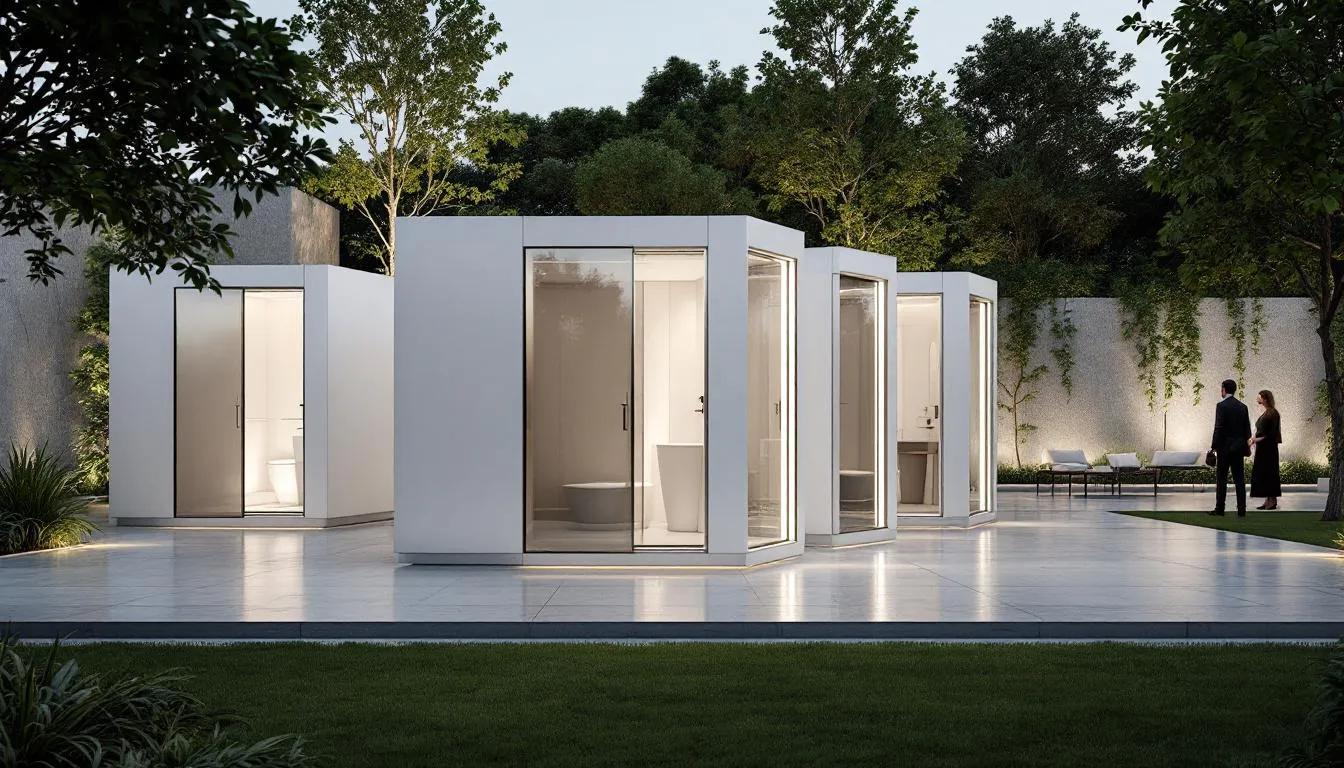 Different types of luxury portable restrooms available for rental.