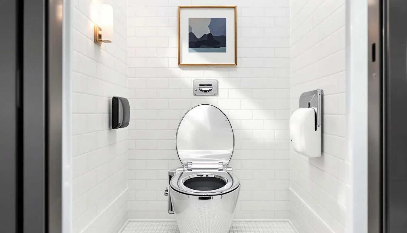 Interior of a luxury porta potty highlighting its special features.