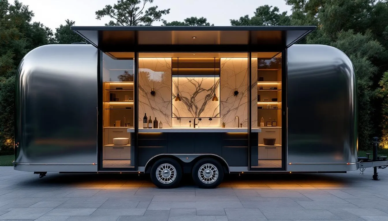 An elegant luxury restroom trailer set up at a special event.