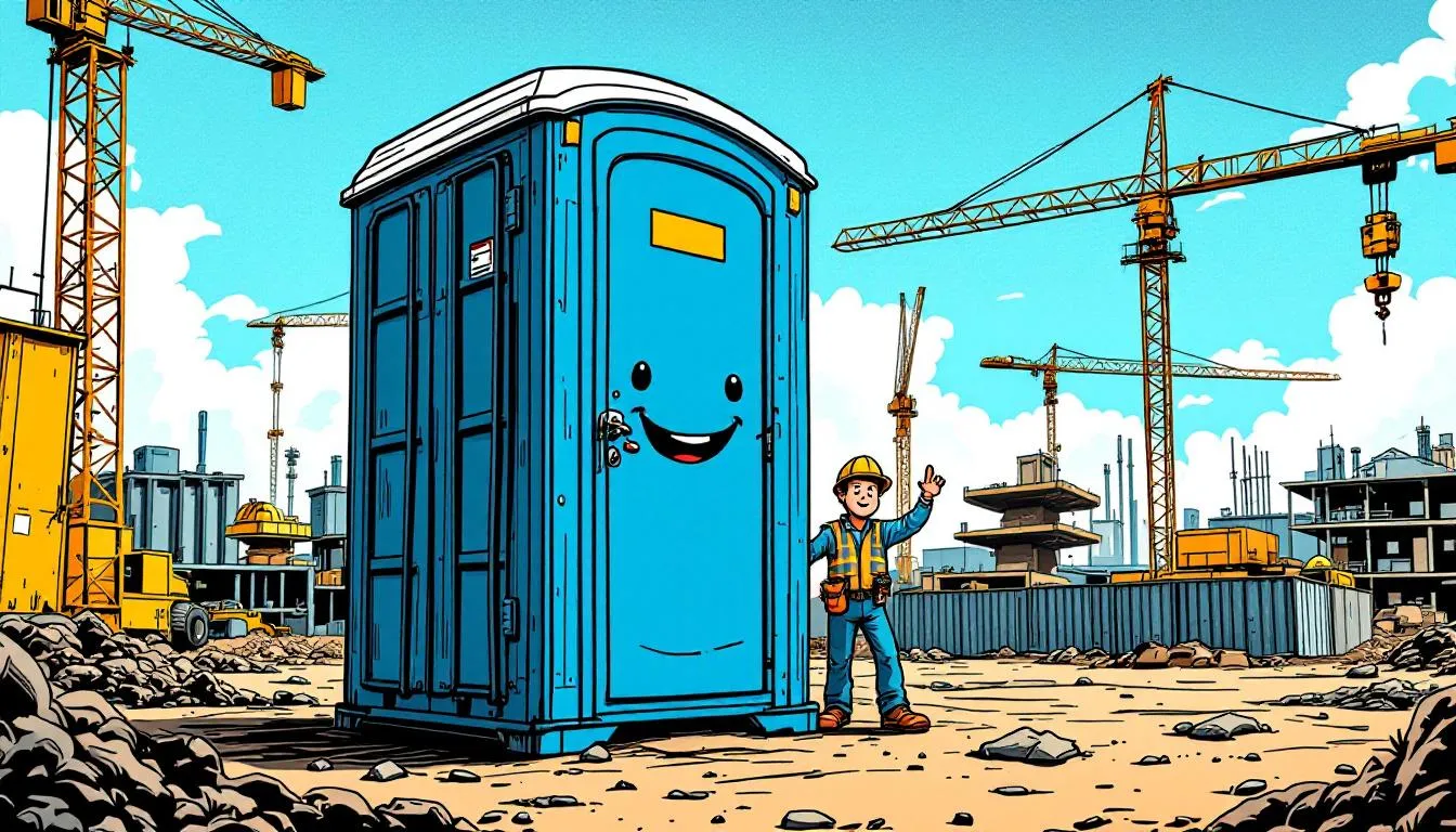 A used porta potty for sale in a construction site.