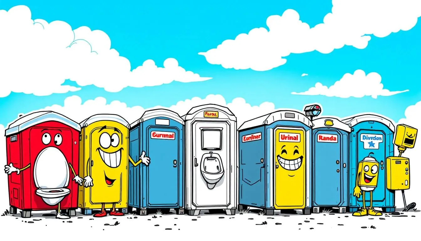 Popular brands of porta potties on display.