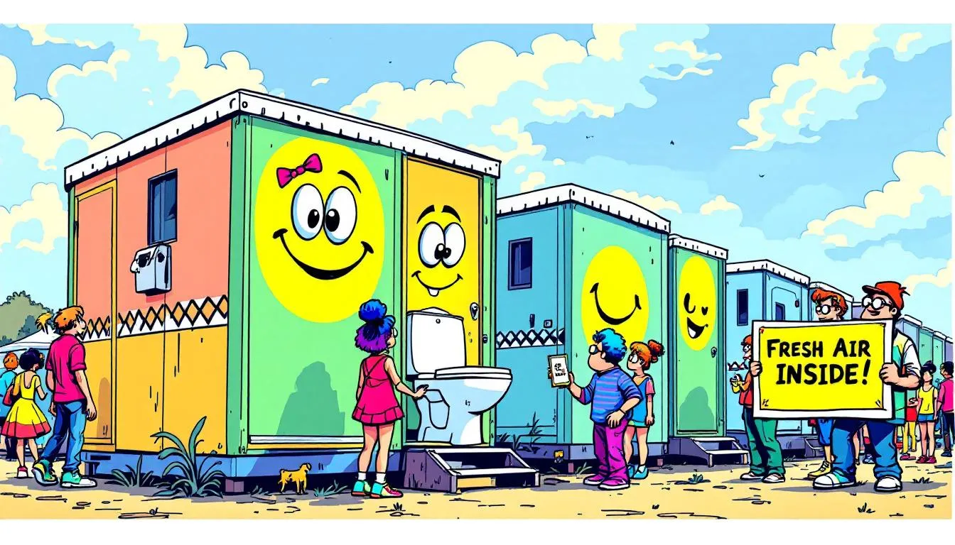 Used portable restrooms at a festival.